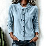Women's button-front sweater with velvet bow - Soft and refined