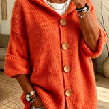 Women's Solid Colour Hooded Cardigan – Casual Long Sleeve Sweater with Buttons