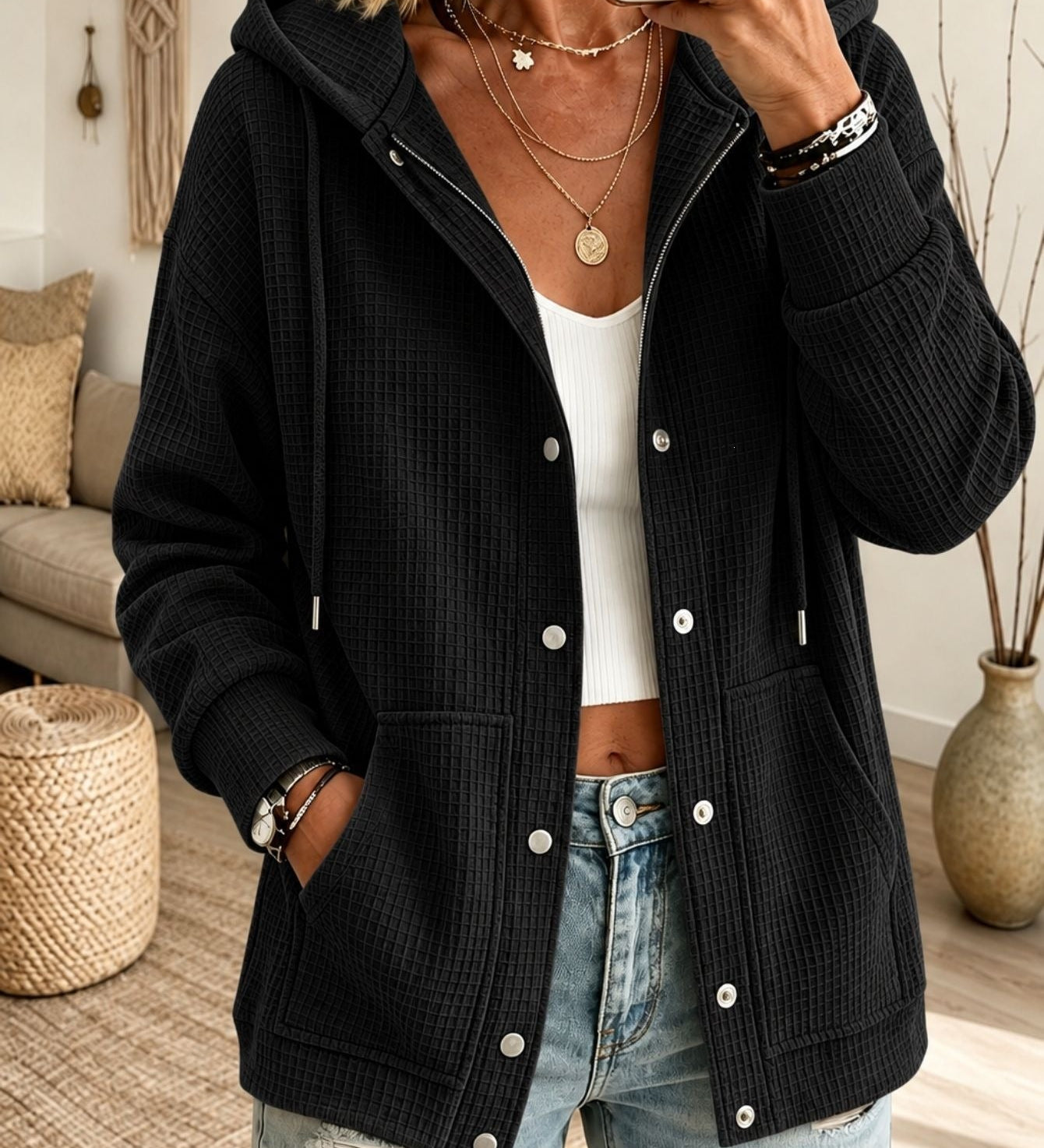 Women's Hooded Cardigan with Drawstring - Casual and Comfortable