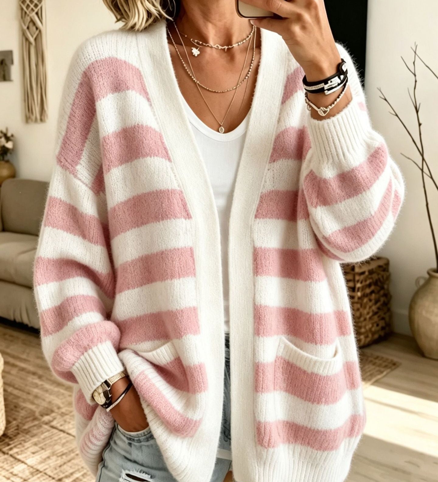 Women's Striped Cardigan with Pockets - Comfortable and Practical