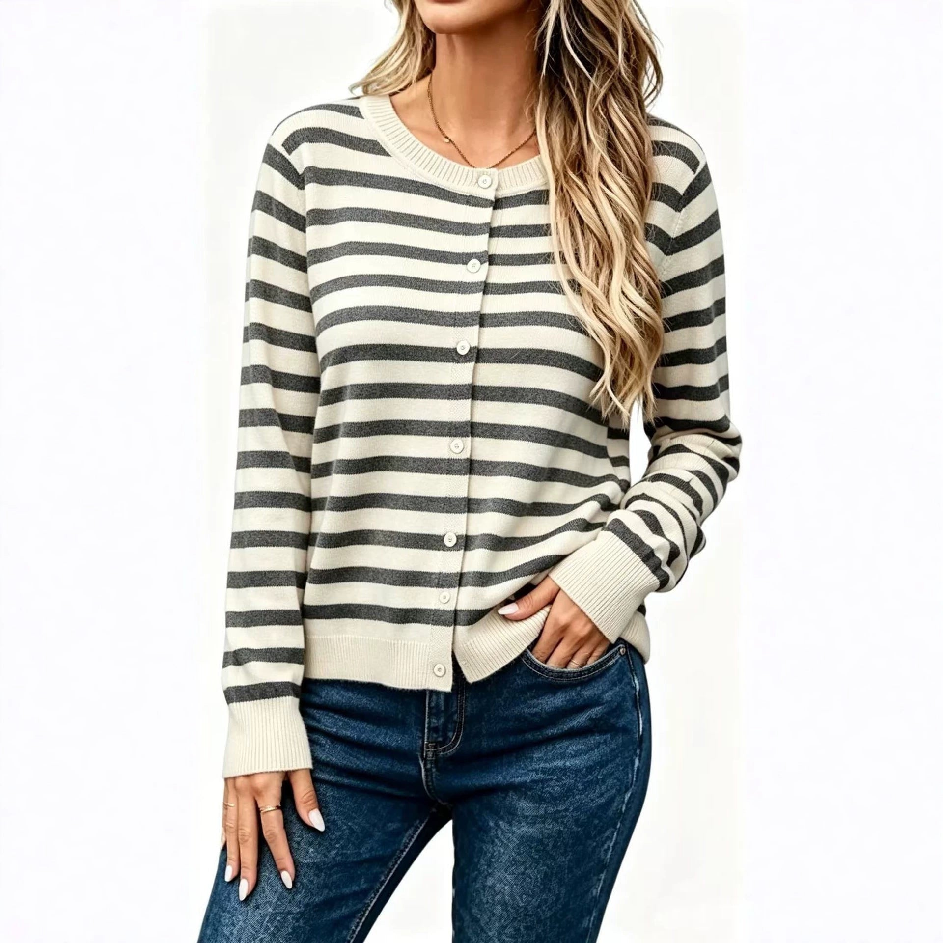 Women's Long Sleeve Striped Knit Cardigan – Casual, Comfortable, and Relaxed Fit