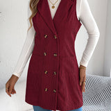 Women's Long Solid Colour Corduroy Gilet Jacket – Casual Double-Breasted Design with Pockets, Ideal for Layered Looks