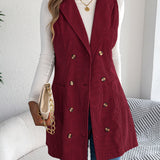Women's Long Solid Colour Corduroy Gilet Jacket – Casual Double-Breasted Design with Pockets, Ideal for Layered Looks
