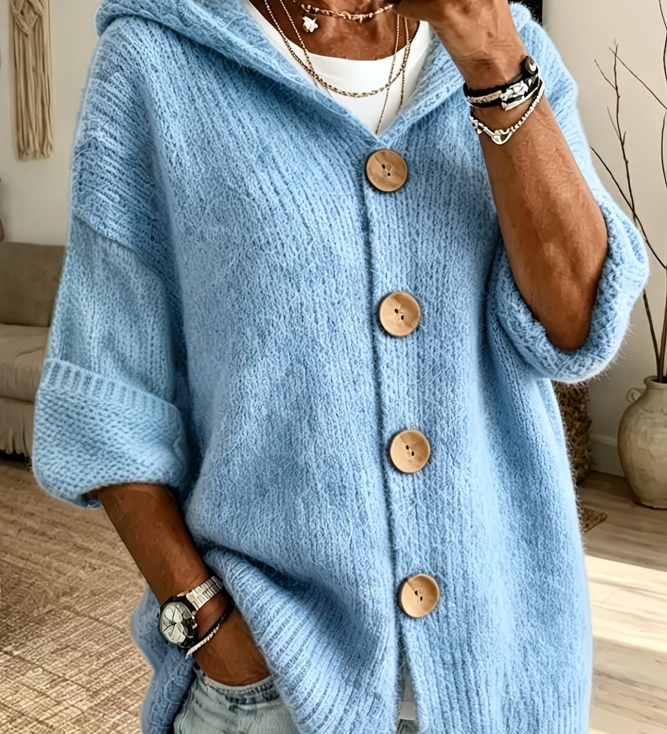 Women's Solid Colour Hooded Cardigan – Casual Long Sleeve Sweater with Buttons