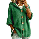 Women's Solid Colour Hooded Cardigan – Casual Long Sleeve Sweater with Buttons