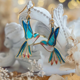 Dangly Earrings with Gold Hummingbird and Blue Enamel