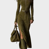 Adrianna - Brown Suede Effect Maxi Dress with Belt and Zip