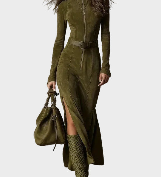 Adrianna - Brown Suede Effect Maxi Dress with Belt and Zip